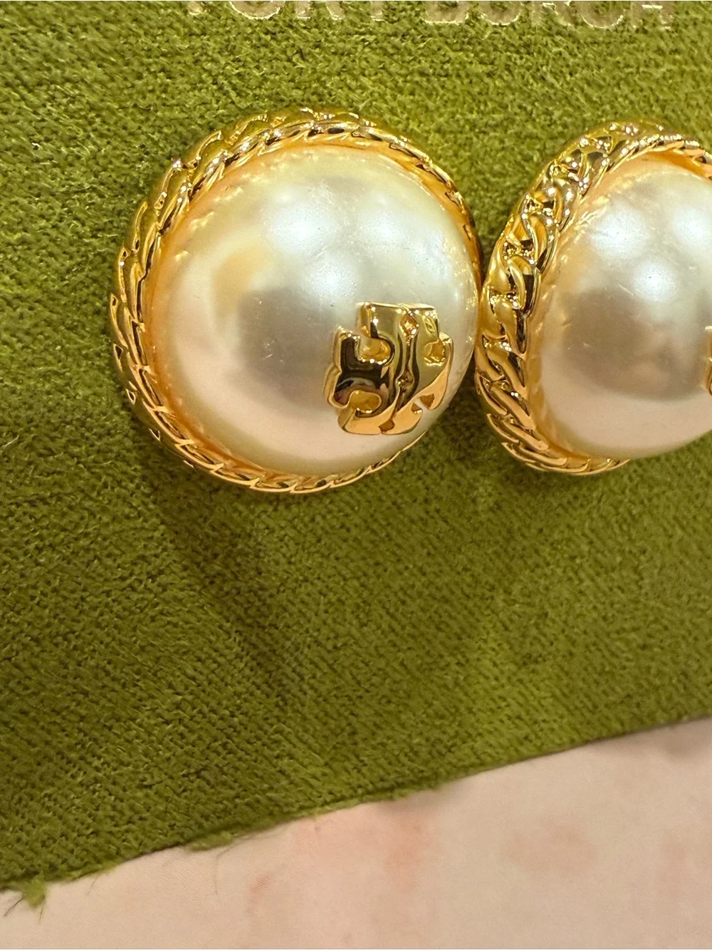 Tory Burch | Gold Plated Icon & Pearl Logo Button Earrings | Medium